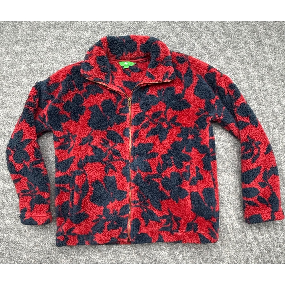 Dip Womens Sherpa‎ Fleece Jacket Red Navy Blue Floral Zip Up Teddy Coat XS